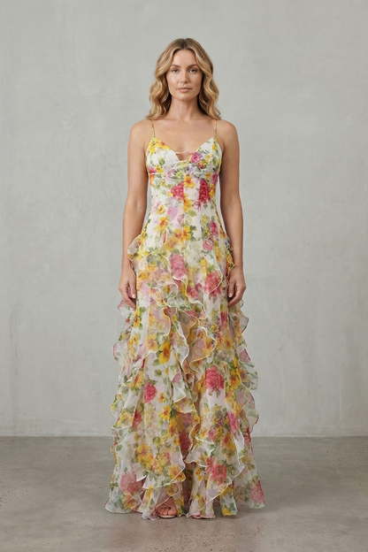 Rosalind | Maxi Dress Red Floral Chiffon Ruffle Spaghetti Strap for Women