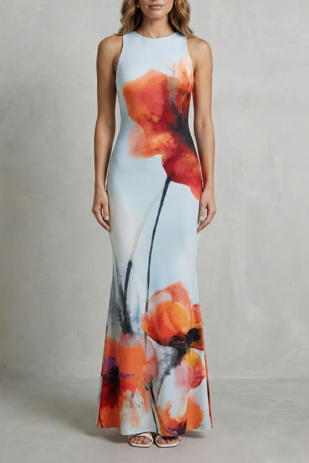 Phoebe | Maxi Dress Lime Green Floral Print Fishtail Sleeveless for Women