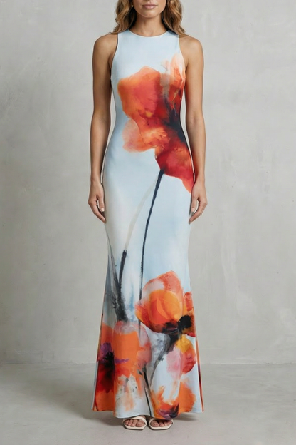 Phoebe | Maxi Dress Lime Green Floral Print Fishtail Sleeveless for Women