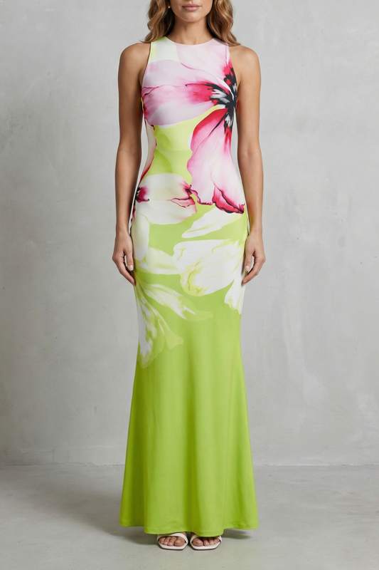 Phoebe | Maxi Dress Lime Green Floral Print Fishtail Sleeveless for Women