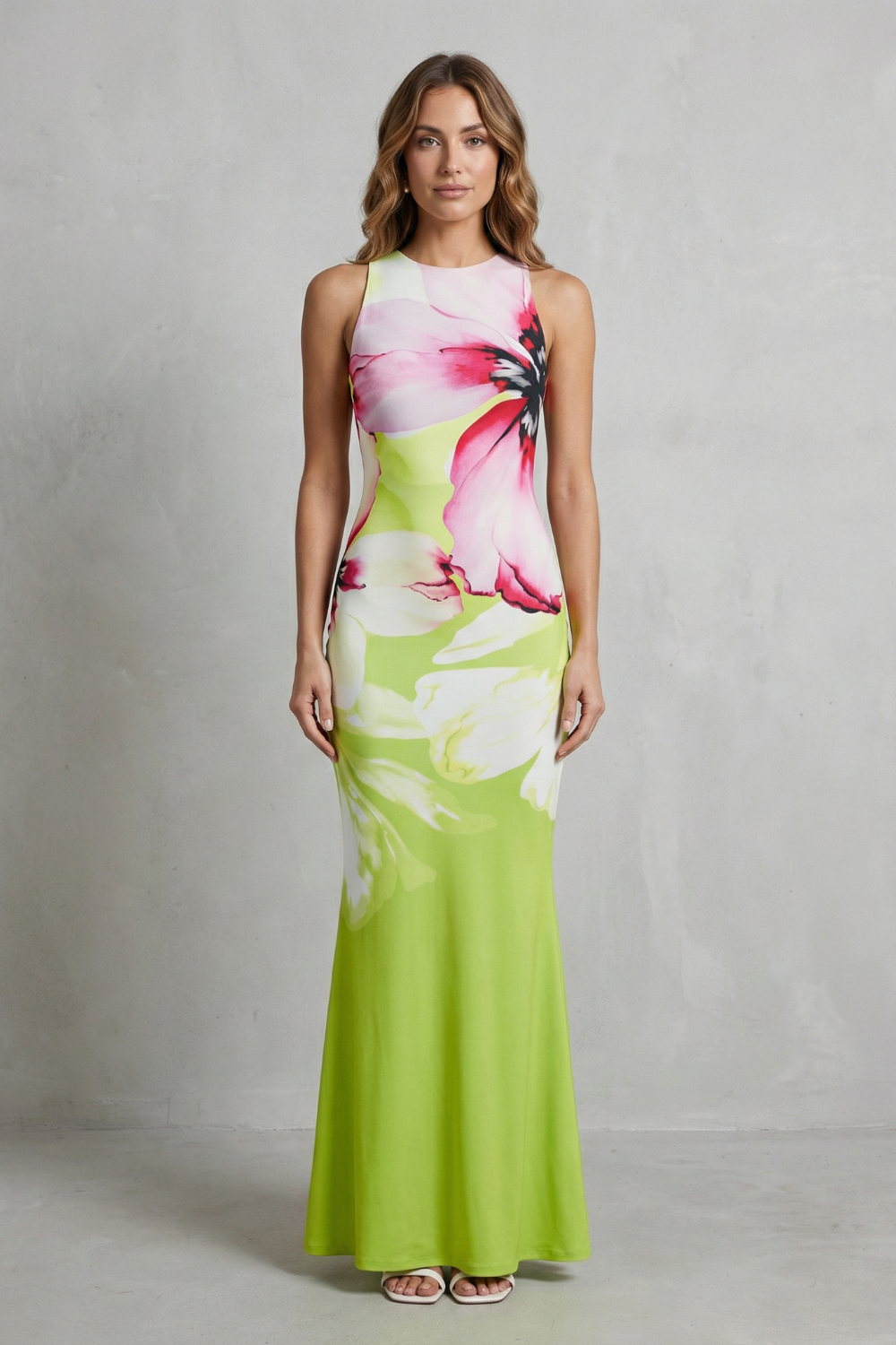 Phoebe | Maxi Dress Lime Green Floral Print Fishtail Sleeveless for Women