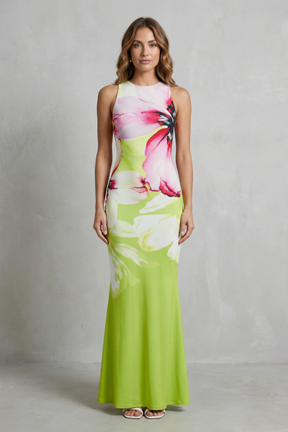 Phoebe | Maxi Dress Lime Green Floral Print Fishtail Sleeveless for Women
