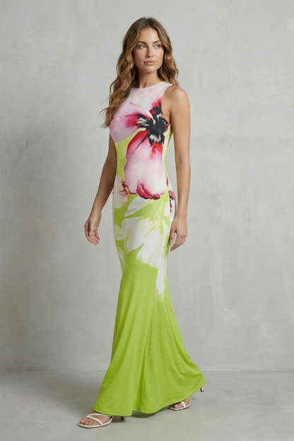 Phoebe | Maxi Dress Lime Green Floral Print Fishtail Sleeveless for Women