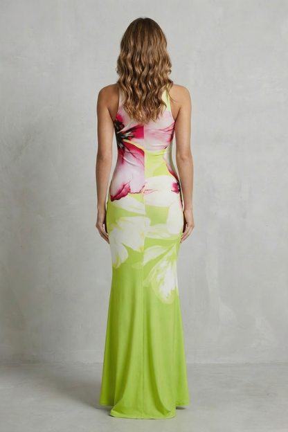 Phoebe | Maxi Dress Lime Green Floral Print Fishtail Sleeveless for Women