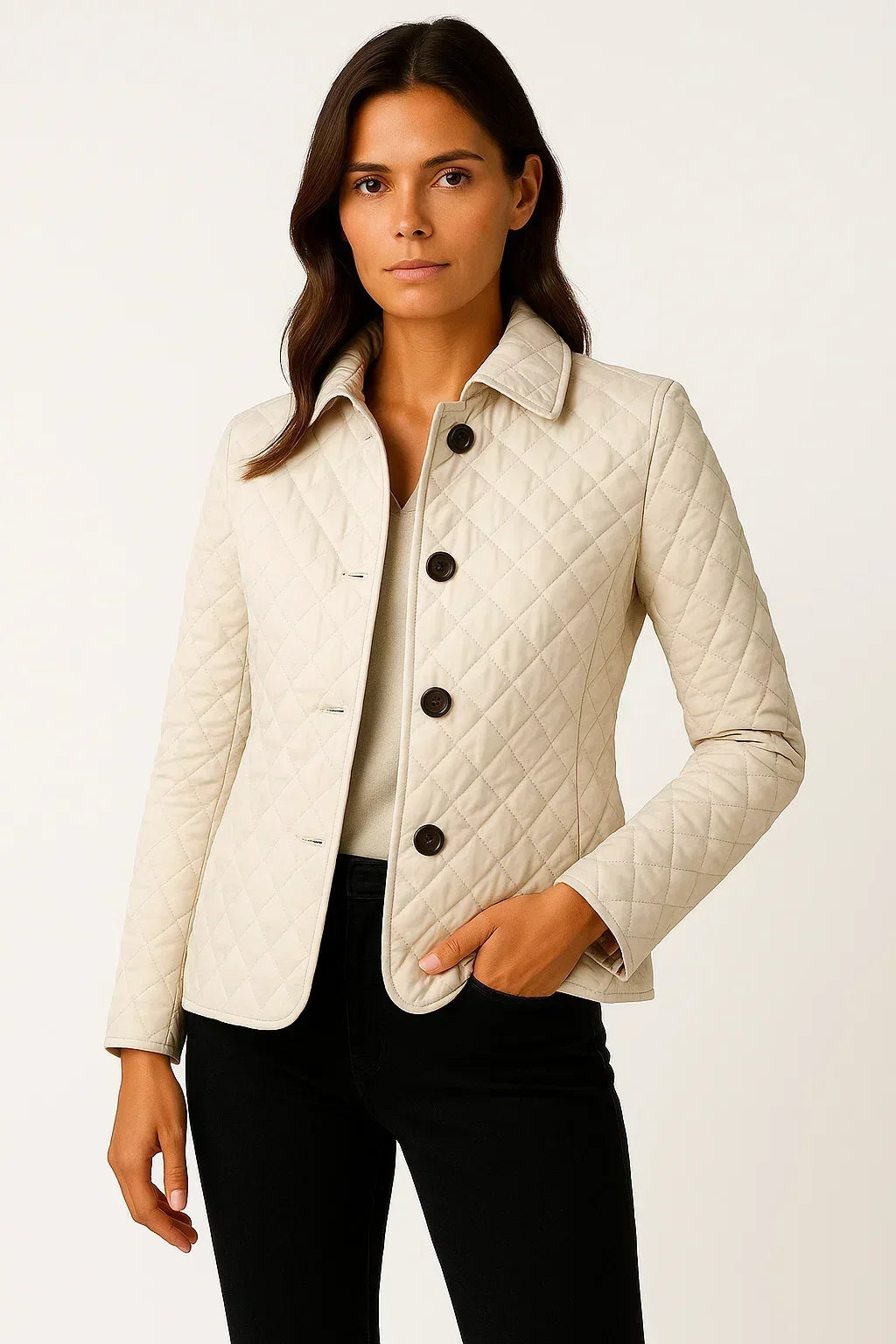 Sioned | Quilted Jacket Navy Diamond Check Lining for Women