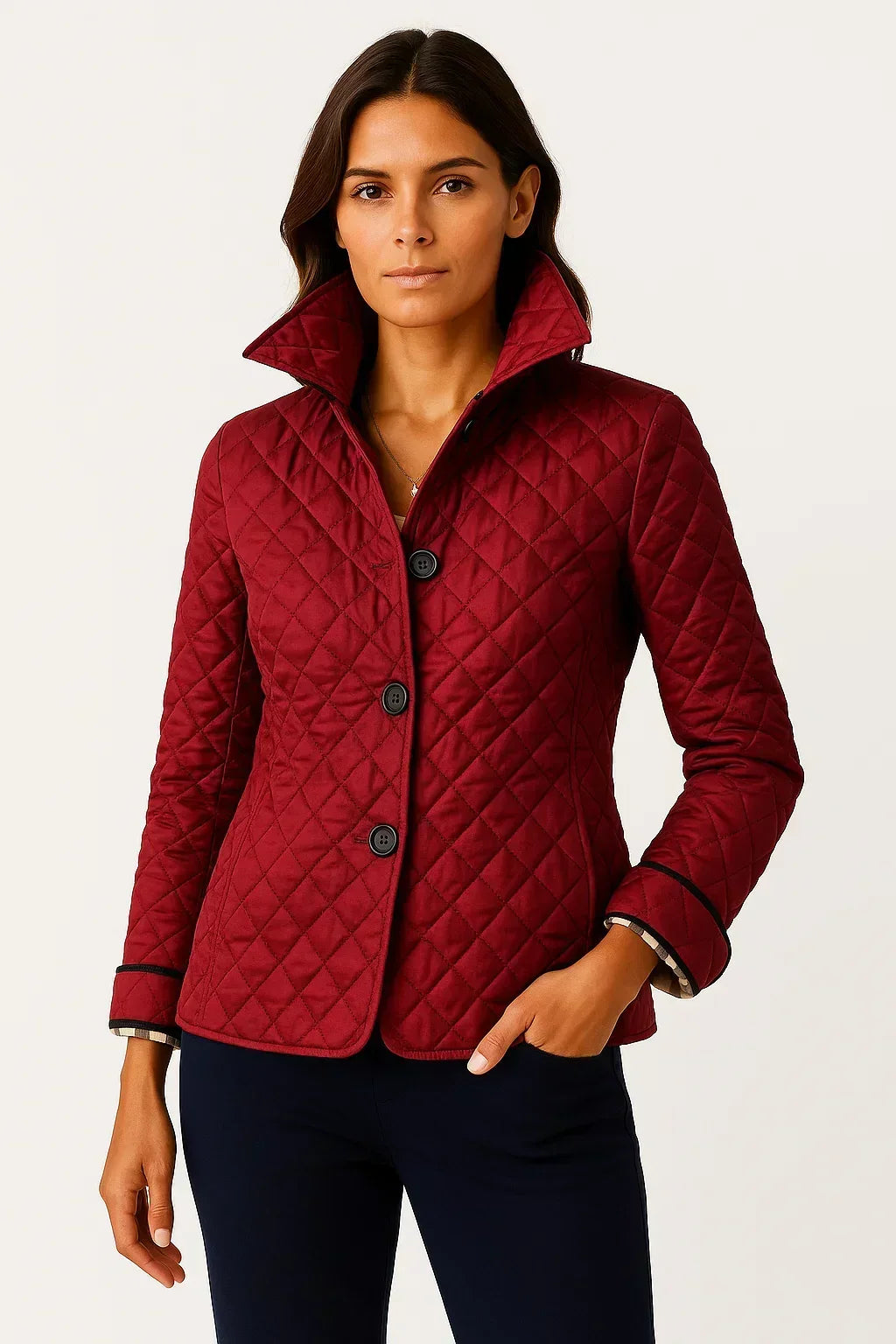Sioned | Quilted Jacket Navy Diamond Check Lining for Women