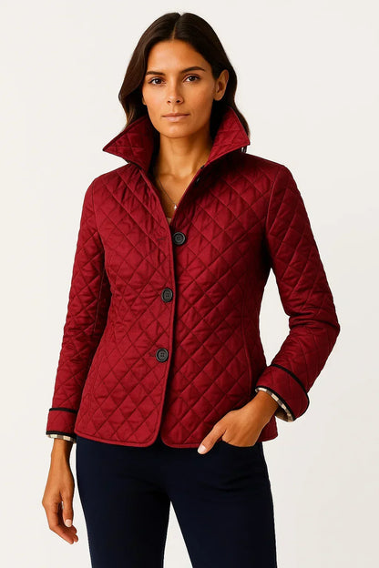 Sioned | Quilted Jacket Navy Diamond Check Lining for Women