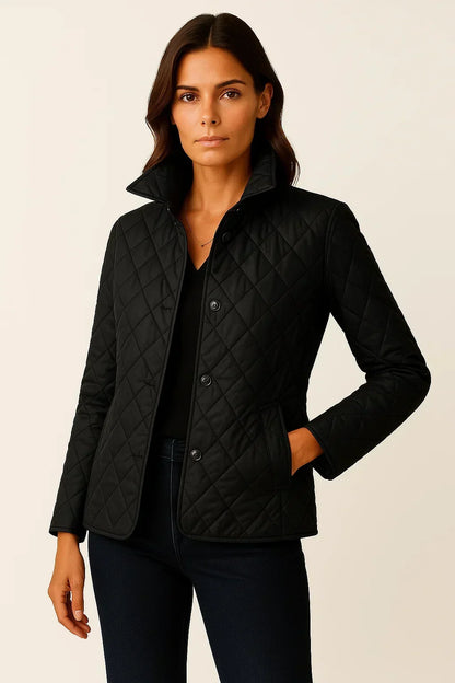 Sioned | Quilted Jacket Navy Diamond Check Lining for Women