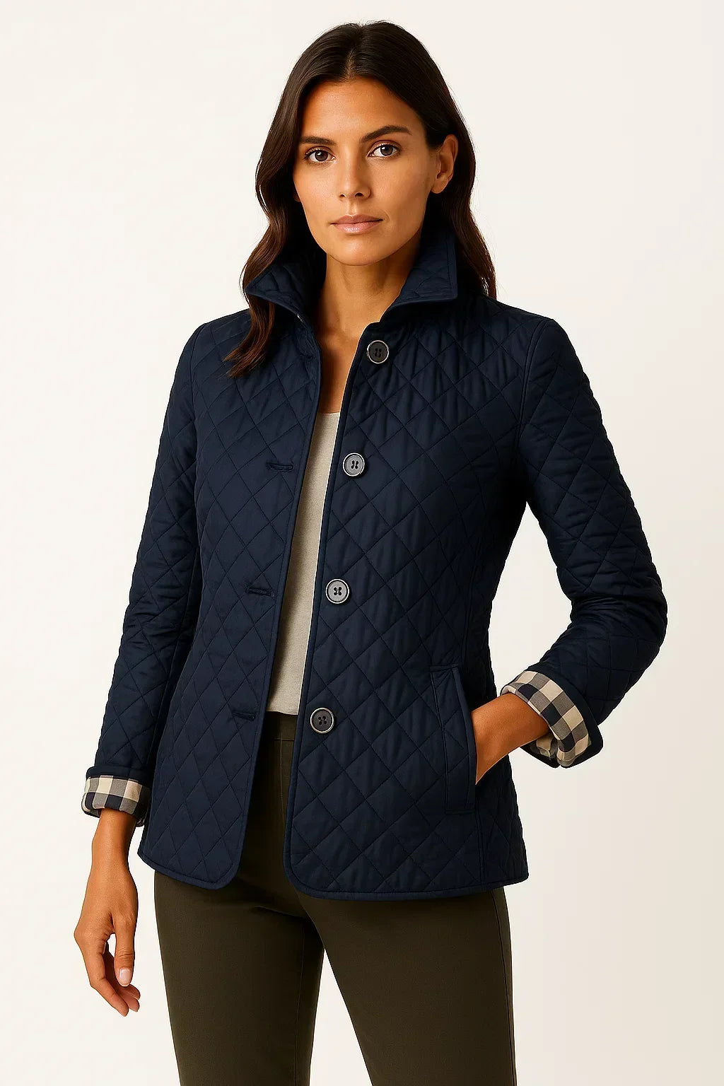Sioned | Quilted Jacket Navy Diamond Check Lining for Women