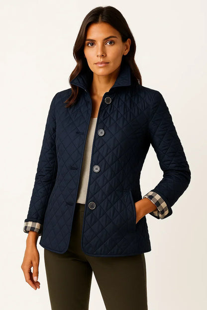 Sioned | Quilted Jacket Navy Diamond Check Lining for Women