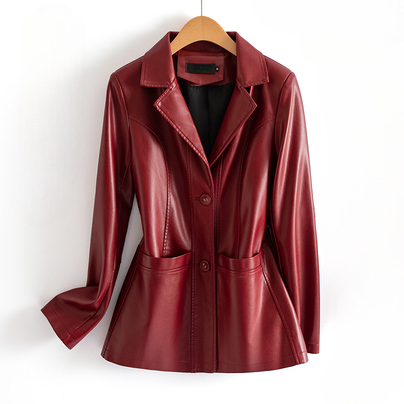 Heulwen | Fitted Leather Jacket Black Notch Collar Patch Pockets for Women