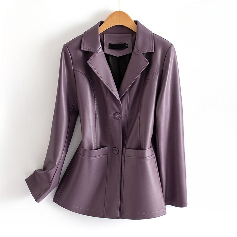 Heulwen | Fitted Leather Jacket Black Notch Collar Patch Pockets for Women