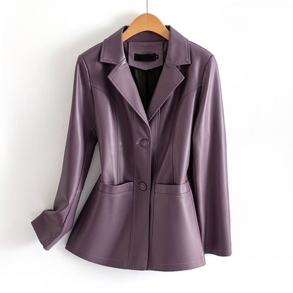 Heulwen | Fitted Leather Jacket Black Notch Collar Patch Pockets for Women