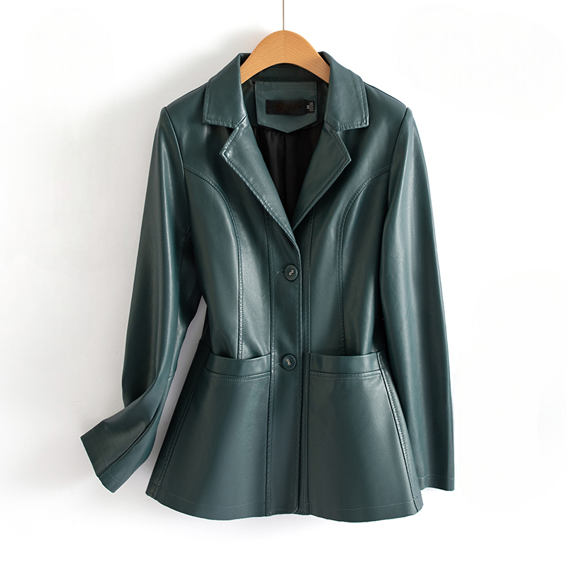 Heulwen | Fitted Leather Jacket Black Notch Collar Patch Pockets for Women