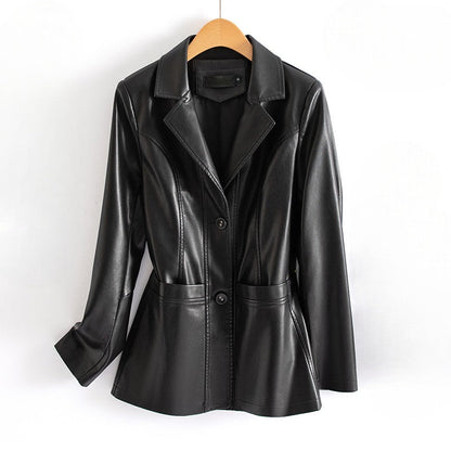 Heulwen | Fitted Leather Jacket Black Notch Collar Patch Pockets for Women