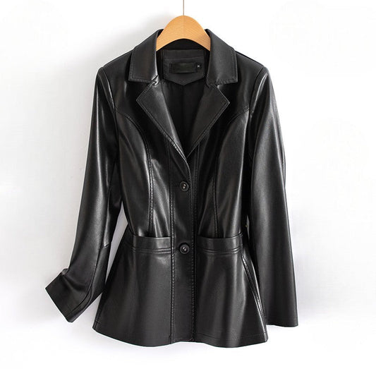 Heulwen | Fitted Leather Jacket Black Notch Collar Patch Pockets for Women