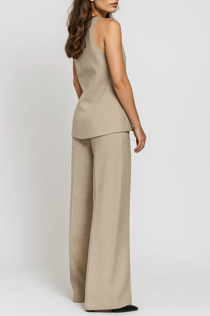 Elspeth | Tailored Vest & Wide-Leg Trouser Co-Ord Set Taupe Woven V-Neck Sleeveless for Women