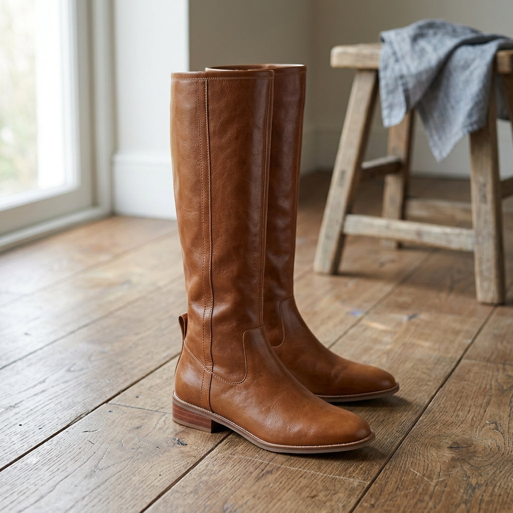 Dilys | Knee-High Riding Boots Tan Leather Low Block Heel for Women
