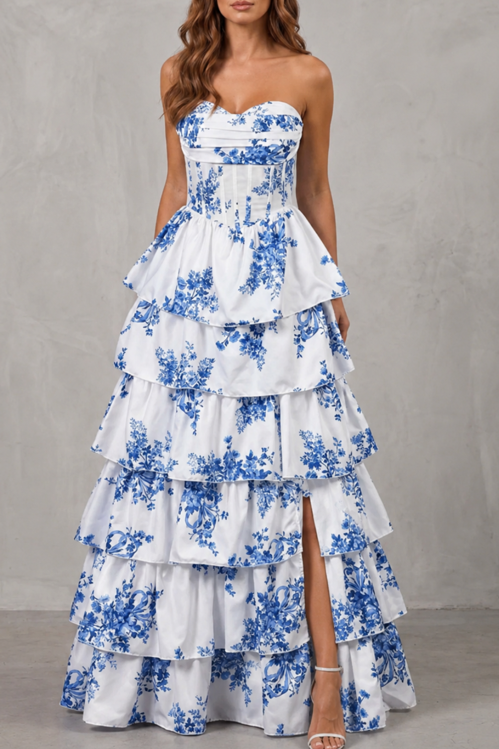 Isadora | Maxi Dress White Blue Floral Strapless Tiered Corset for Women
