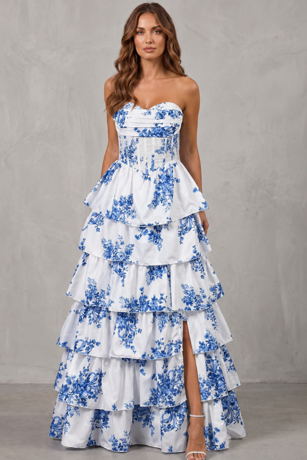 Isadora | Maxi Dress White Blue Floral Strapless Tiered Corset for Women