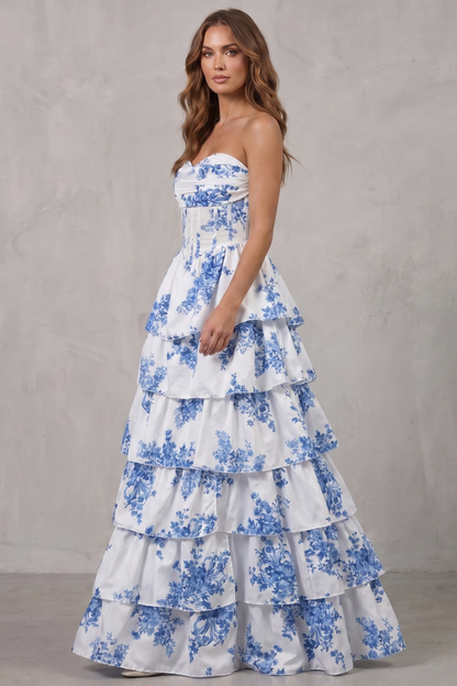 Isadora | Maxi Dress White Blue Floral Strapless Tiered Corset for Women