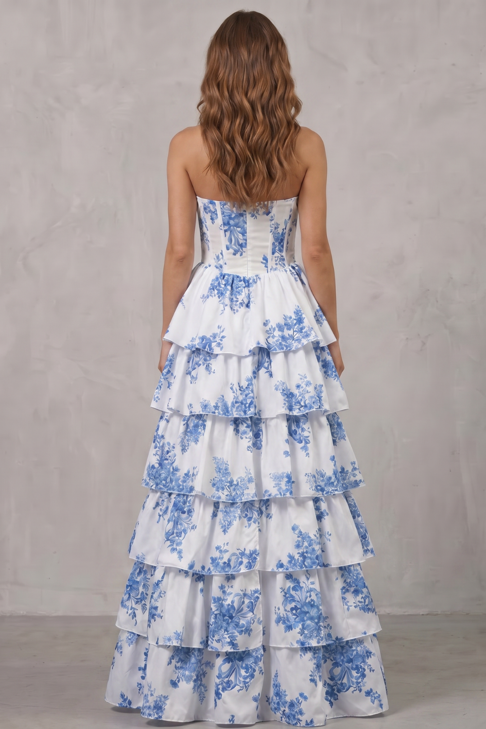 Isadora | Maxi Dress White Blue Floral Strapless Tiered Corset for Women