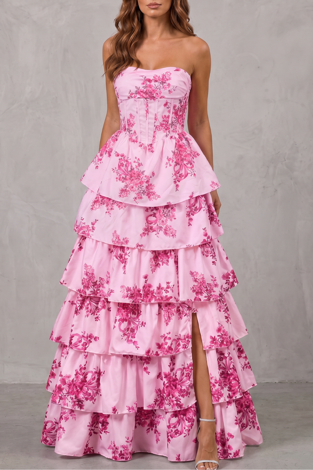 Isadora | Maxi Dress White Blue Floral Strapless Tiered Corset for Women