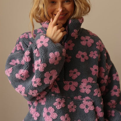 Victoria | Floral Teddy Fleece Sweatshirt Grey Sherpa Half-Zip for Women