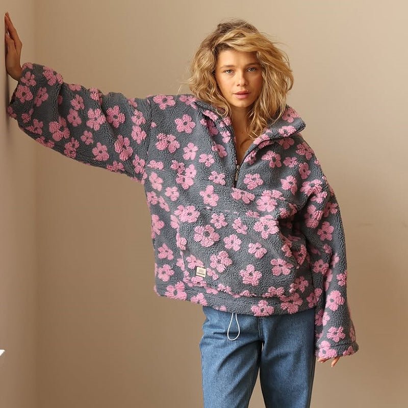 Victoria | Floral Teddy Fleece Sweatshirt Grey Sherpa Half-Zip for Women