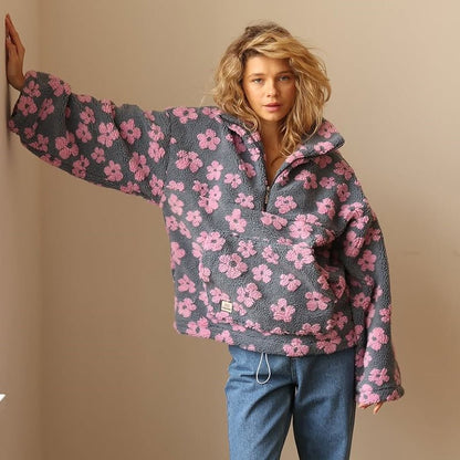 Victoria | Floral Teddy Fleece Sweatshirt Grey Sherpa Half-Zip for Women