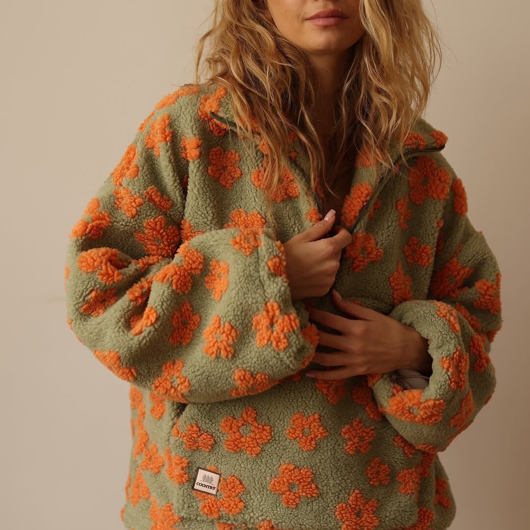 Victoria | Floral Teddy Fleece Sweatshirt Grey Sherpa Half-Zip for Women
