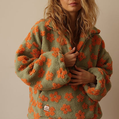 Victoria | Floral Teddy Fleece Sweatshirt Grey Sherpa Half-Zip for Women