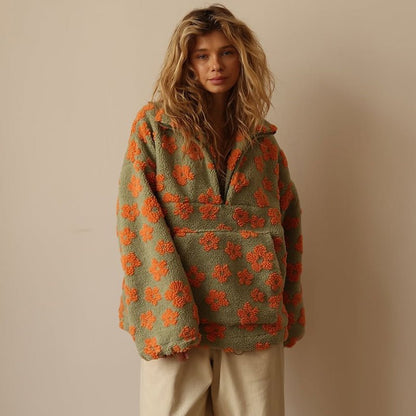 Victoria | Floral Teddy Fleece Sweatshirt Grey Sherpa Half-Zip for Women