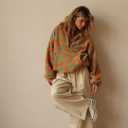 Victoria | Floral Teddy Fleece Sweatshirt Grey Sherpa Half-Zip for Women