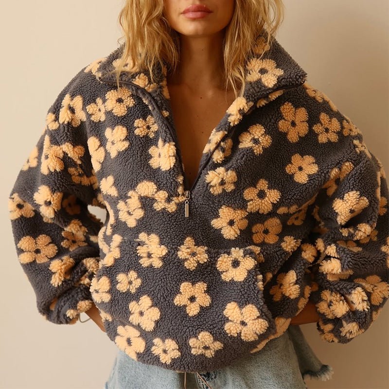 Victoria | Floral Teddy Fleece Sweatshirt Grey Sherpa Half-Zip for Women