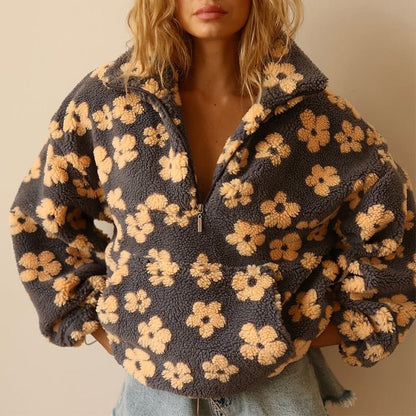 Victoria | Floral Teddy Fleece Sweatshirt Grey Sherpa Half-Zip for Women