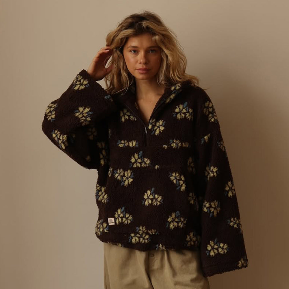 Victoria | Floral Teddy Fleece Sweatshirt Grey Sherpa Half-Zip for Women