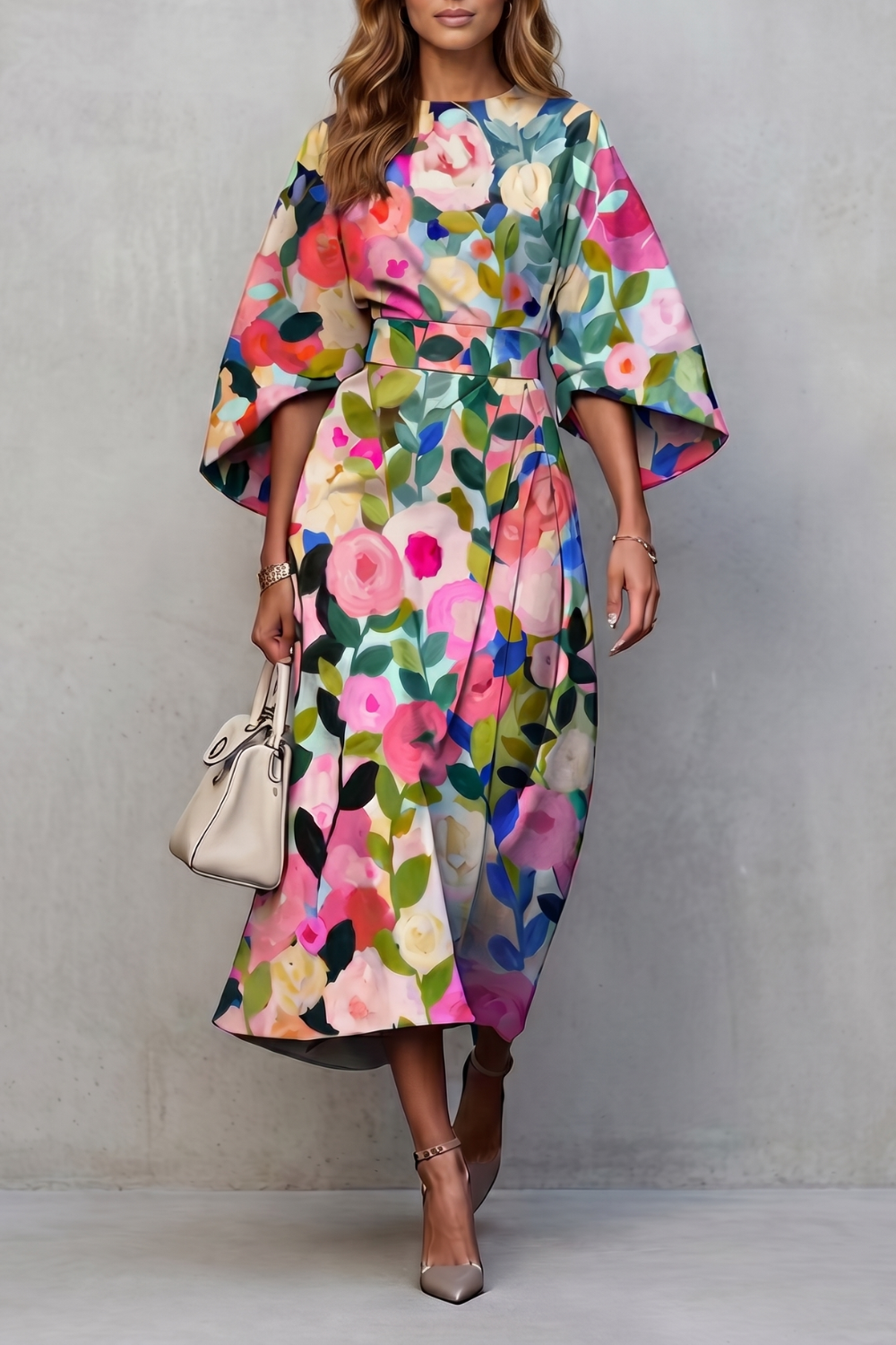 Phoebe | Midi Dress Multicolour Floral Print Wide Sleeve for Women