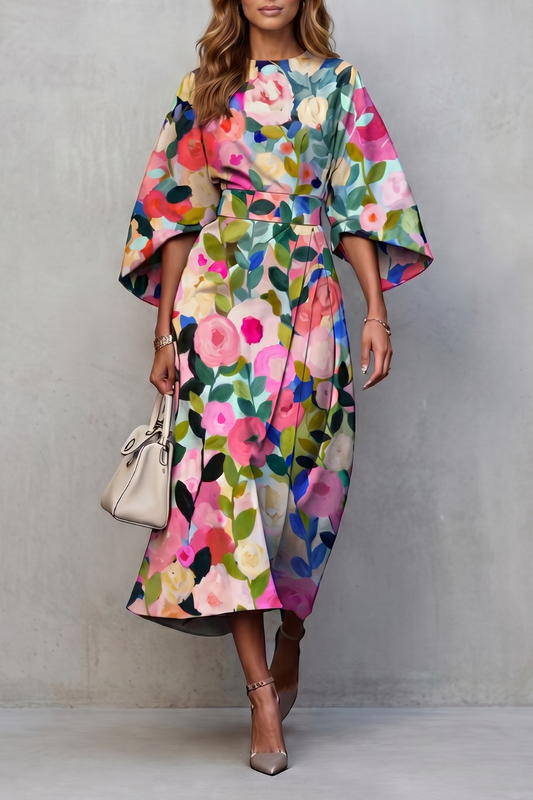 Phoebe | Midi Dress Multicolour Floral Print Wide Sleeve for Women