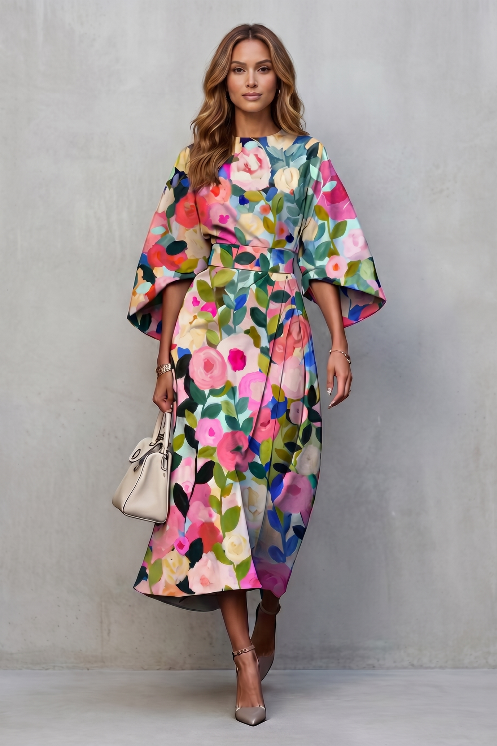 Phoebe | Midi Dress Multicolour Floral Print Wide Sleeve for Women