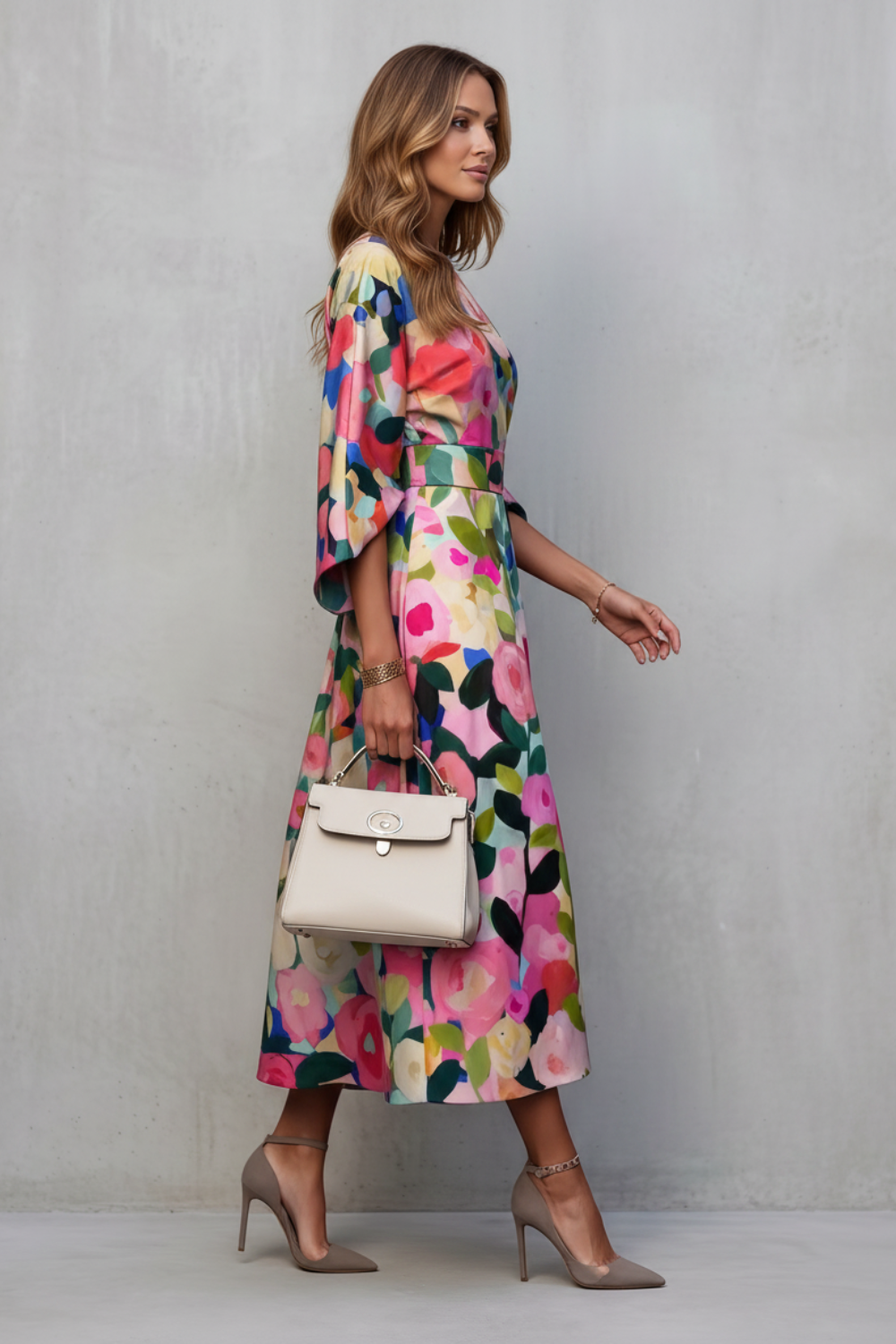 Phoebe | Midi Dress Multicolour Floral Print Wide Sleeve for Women