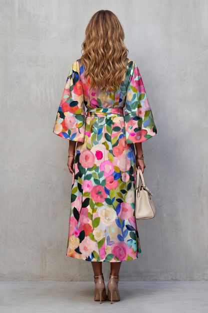 Phoebe | Midi Dress Multicolour Floral Print Wide Sleeve for Women