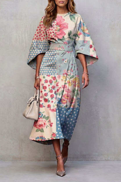Phoebe | Midi Dress Multicolour Floral Print Wide Sleeve for Women