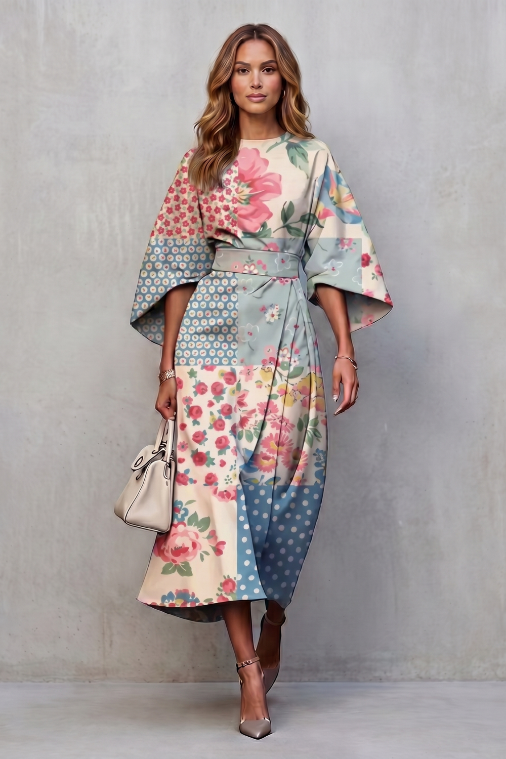 Phoebe | Midi Dress Multicolour Floral Print Wide Sleeve for Women