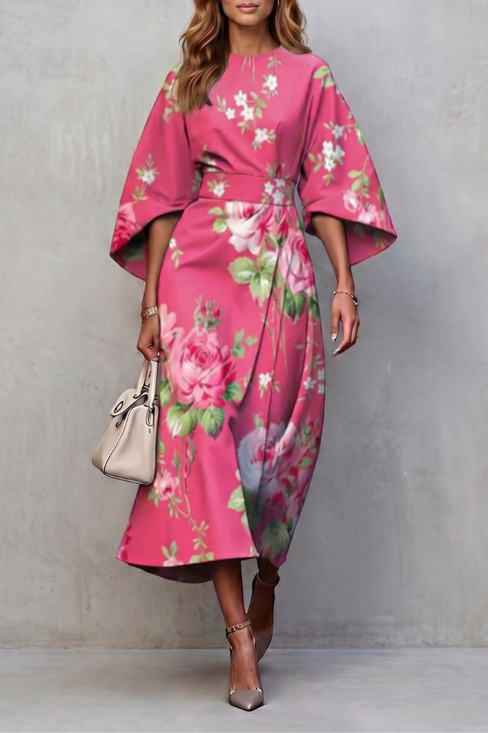 Phoebe | Midi Dress Multicolour Floral Print Wide Sleeve for Women