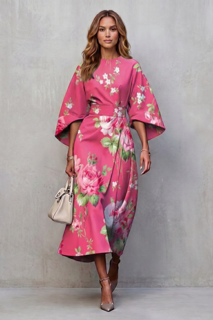 Phoebe | Midi Dress Multicolour Floral Print Wide Sleeve for Women
