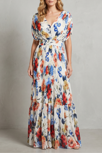 Cecily | Maxi Dress Ivory Floral Chiffon Pleated V-Neck for Women