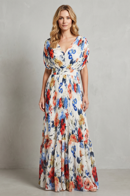 Cecily | Maxi Dress Ivory Floral Chiffon Pleated V-Neck for Women