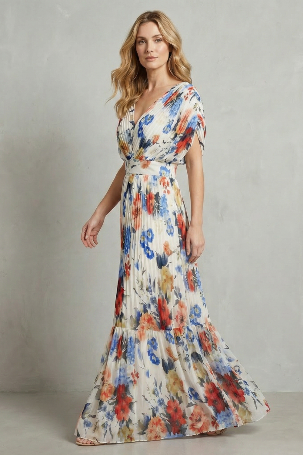 Cecily | Maxi Dress Ivory Floral Chiffon Pleated V-Neck for Women