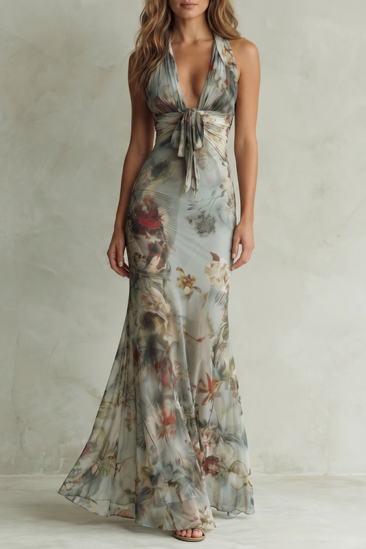 Cecile | Maxi Dress Sage Blue Floral Chiffon Halter Tie-Front for Women